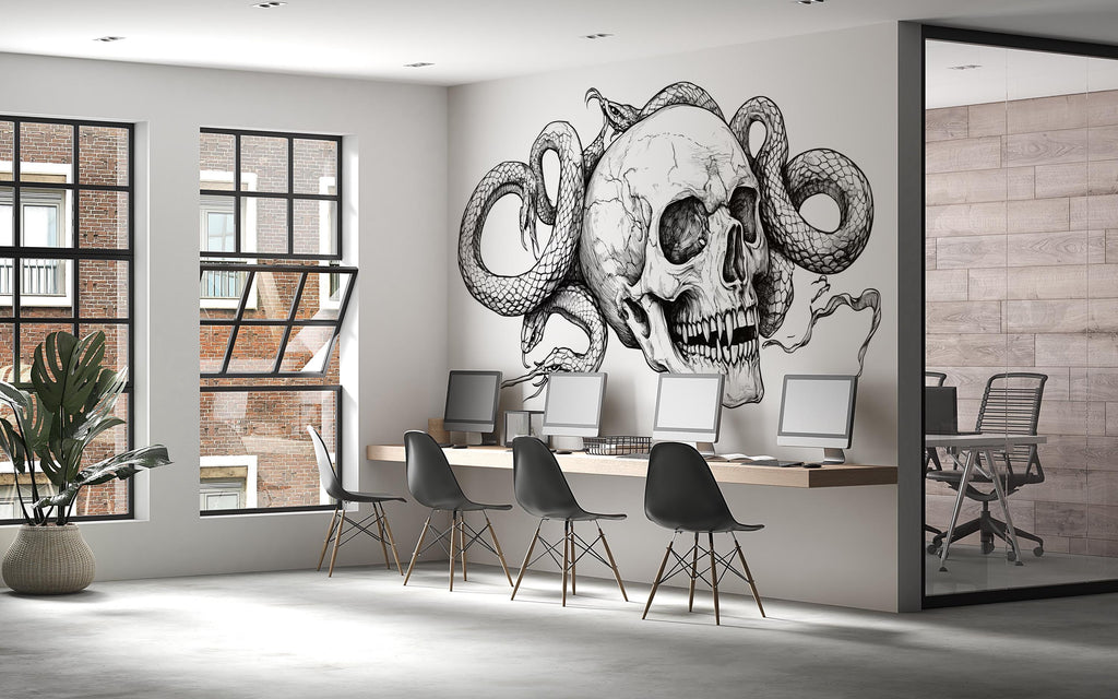 Skull And Snake Wall Decal Gothic Skull Wall Art Serpent Skull Sticker Dark Office Decor Peel And Stick Wall Decal