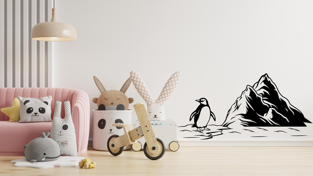 Penguin Mountain Wall Decal – Cute Minimalist Penguin Vinyl Sticker – Nursery Kids Room Animal Wall Art - Antarctic Wall Art Decal 730LU