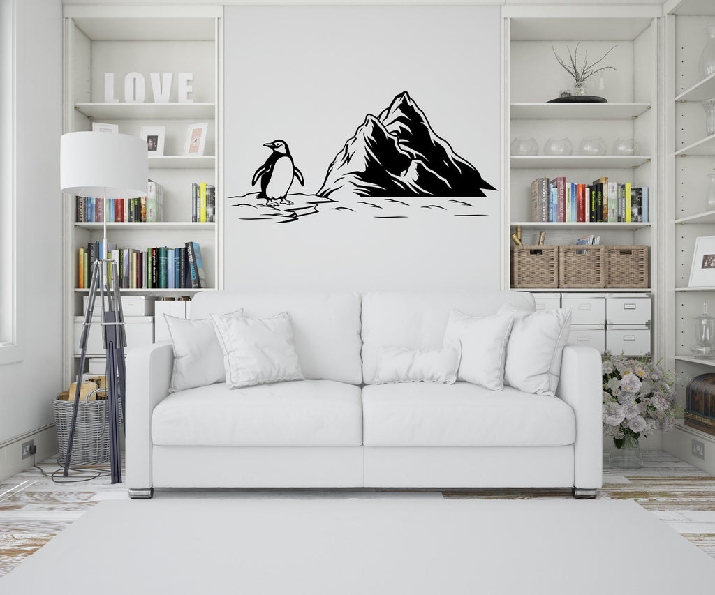 Penguin Mountain Wall Decal – Cute Minimalist Penguin Vinyl Sticker – Nursery Kids Room Animal Wall Art - Antarctic Wall Art Decal 730LU
