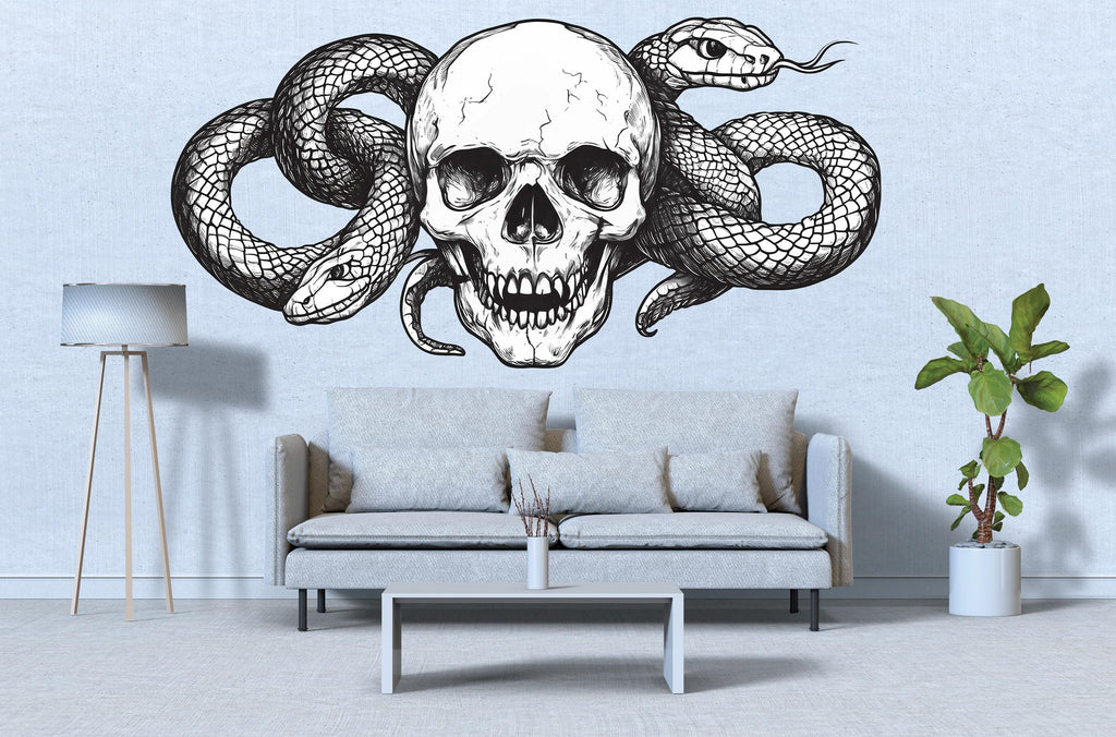 Skull And Snake Wall Decal Gothic Skull Wall Art Serpent Wall Sticker Dark Modern Decor Peel And Stick Wall Decal