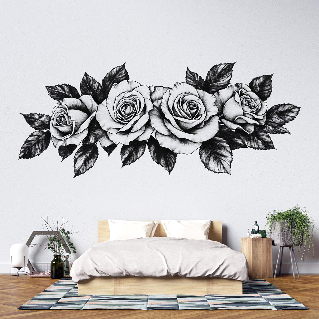 Black And White Rose Wall Decal Floral Wall Art Rose Wall Sticker Minimalist Bedroom Decor Peel And Stick Wall Decal
