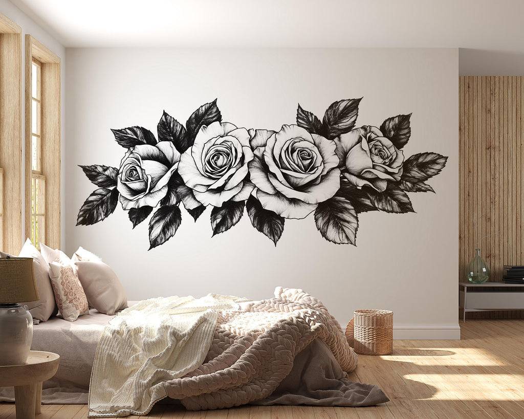 Black And White Rose Wall Decal Floral Wall Art Rose Wall Sticker Minimalist Bedroom Decor Peel And Stick Wall Decal