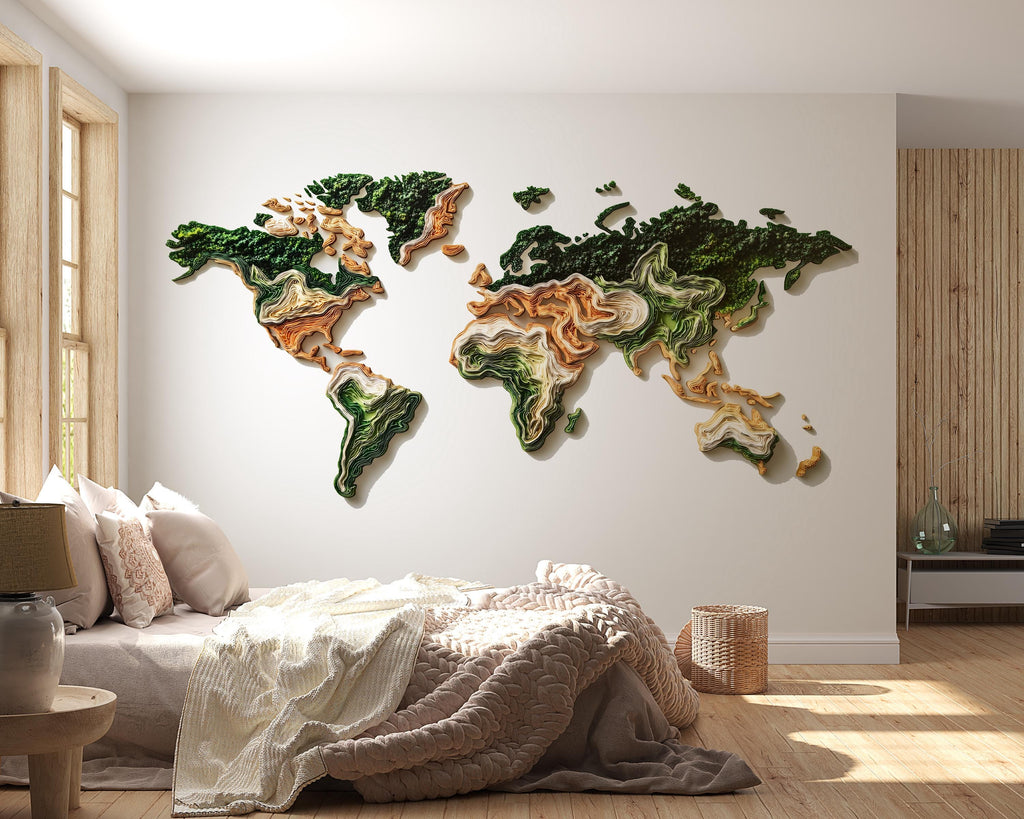 Layered World Map Wall Decal Sticker | 3D Topographic Earth Map Wall Art | Peel And Stick World Map Decor For Modern Home