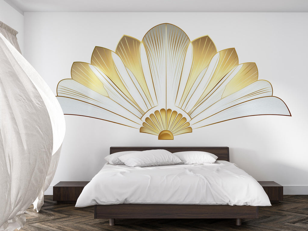 Gold Art Deco Wall Decal Sticker | Elegant Fan Wall Art | Luxury Sunburst Wall Decor | Peel And Stick Modern Bedroom Accent
