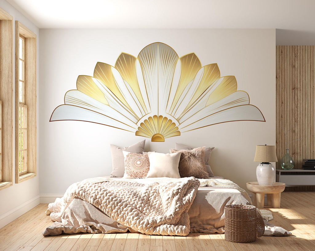 Gold Art Deco Wall Decal Sticker | Elegant Fan Wall Art | Luxury Sunburst Wall Decor | Peel And Stick Modern Bedroom Accent