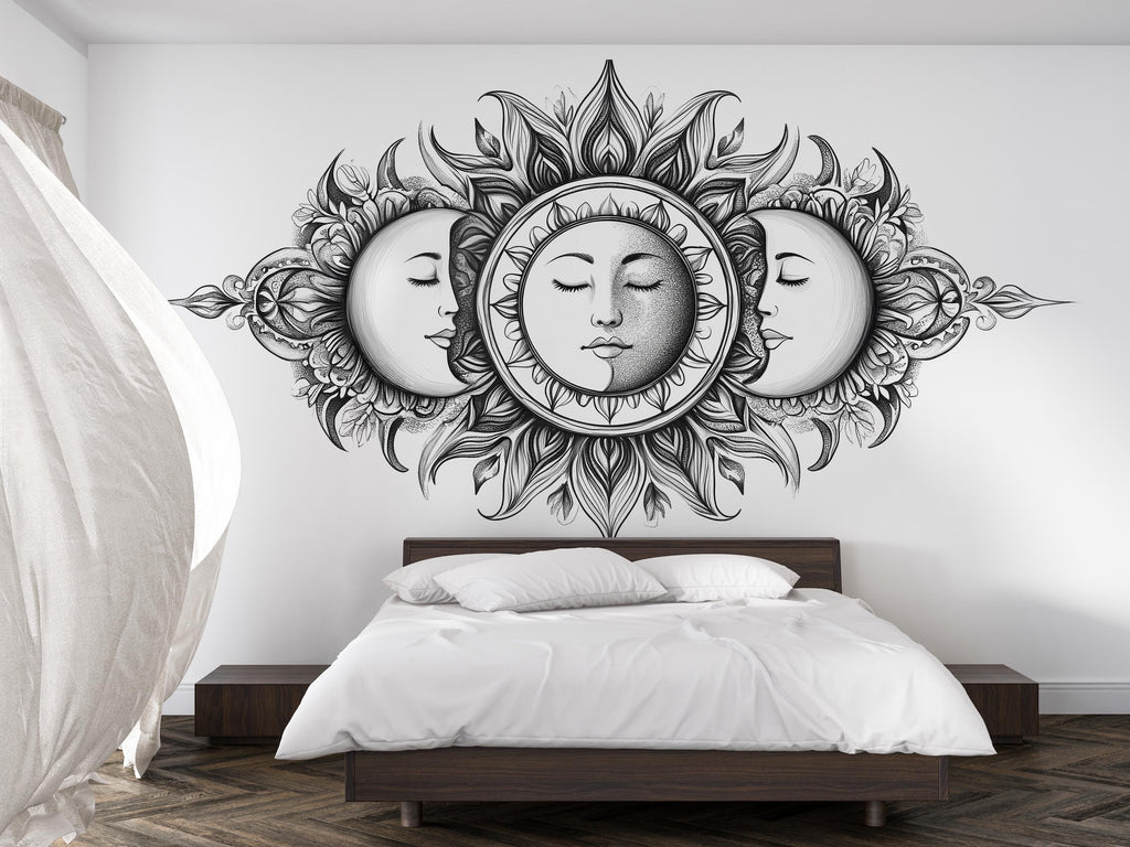 Celestial Sun And Moon Wall Decal Boho Wall Art Astrology Wall Sticker Sun Moon Face Bedroom Wall Decor Peel And Stick Wall Decal