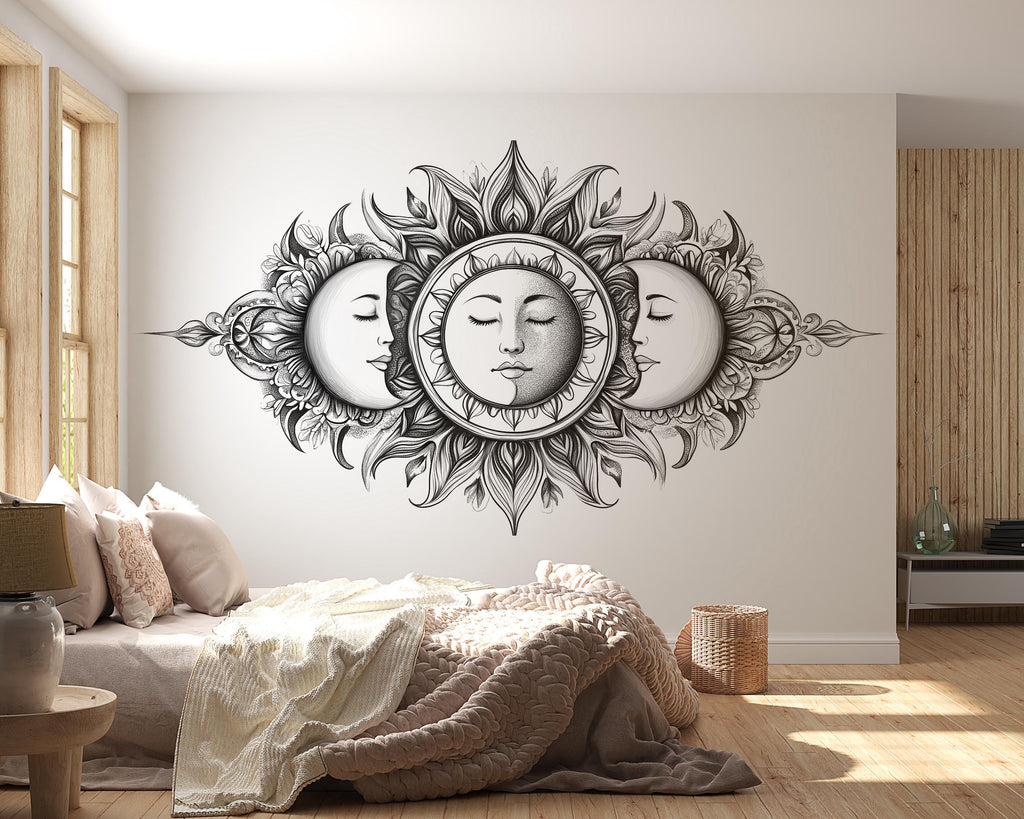 Celestial Sun And Moon Wall Decal Boho Wall Art Astrology Wall Sticker Sun Moon Face Bedroom Wall Decor Peel And Stick Wall Decal