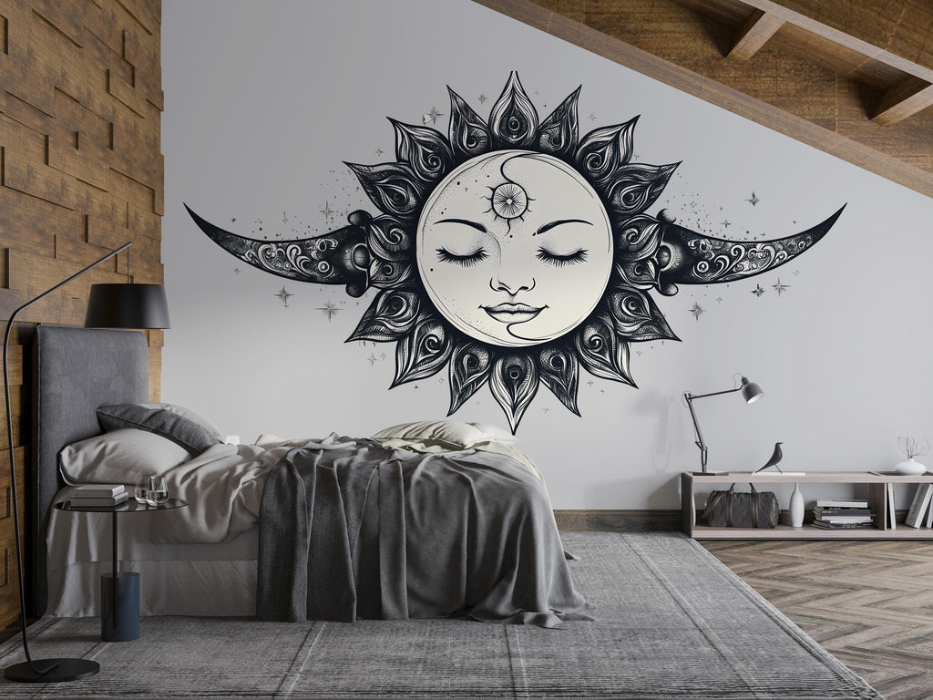 Celestial Moon Face Wall Decal Boho Wall Art Moon Goddess Wall Sticker Astrology Bedroom Decor Peel And Stick Sun Moon Wall Decal