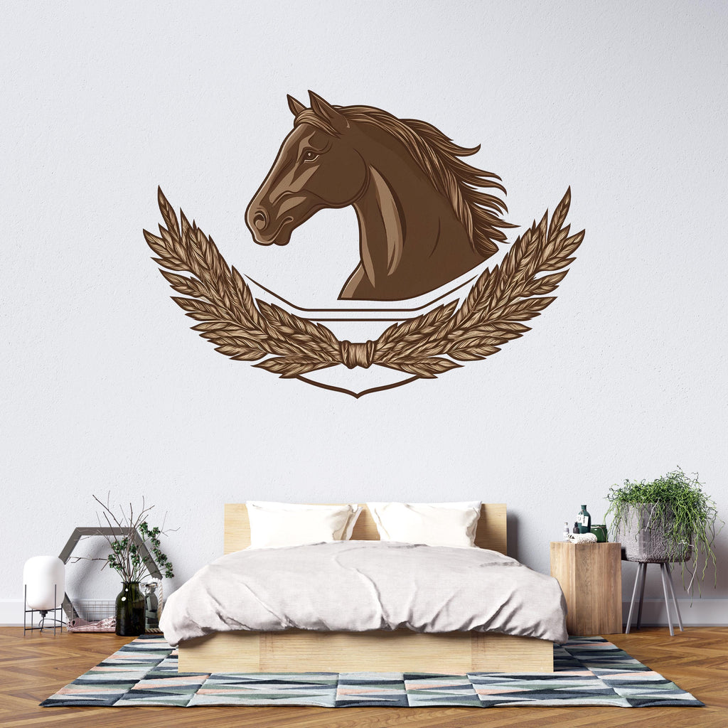 Horse Crest Wall Decal Sticker | Equestrian Horse Head Wall Art | Rustic Western Bedroom Decor | Peel And Stick Horse Emblem