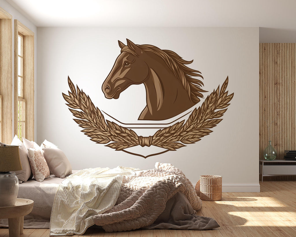 Horse Crest Wall Decal Sticker | Equestrian Horse Head Wall Art | Rustic Western Bedroom Decor | Peel And Stick Horse Emblem