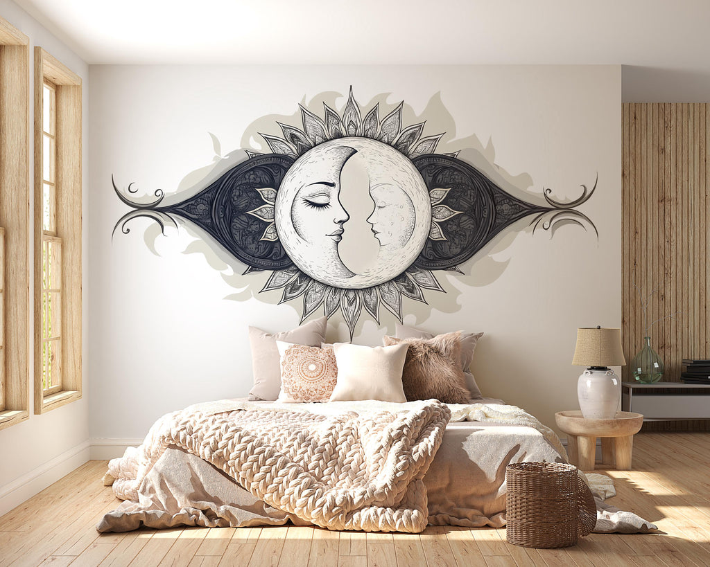 Celestial Twin Moon Wall Decal Eclipse Moon Phase Mandala Wall Art Astrology Boho Bedroom Peel And Stick Wall Sticker
