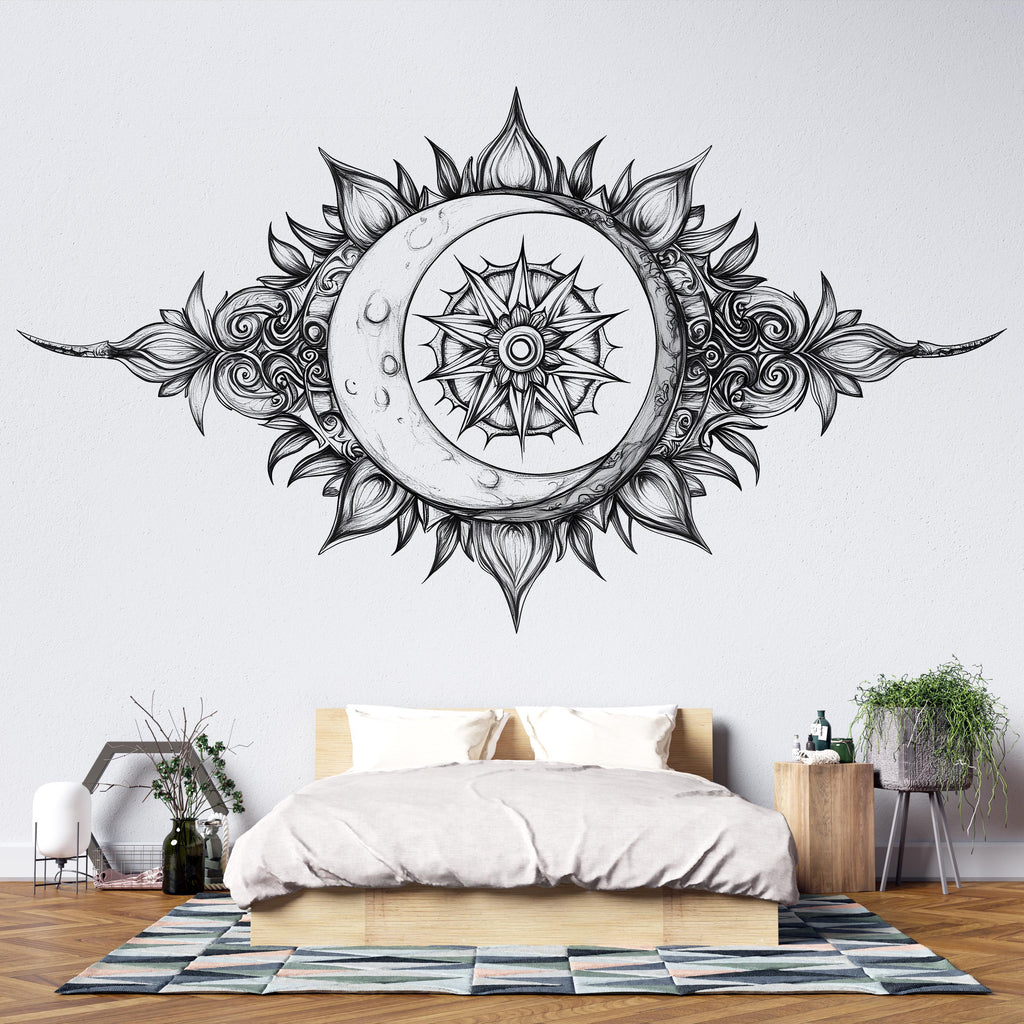 Celestial Crescent Moon Mandala Wall Decal Astrology Boho Bedroom Wall Art Peel And Stick Moon Phase Wall Sticker