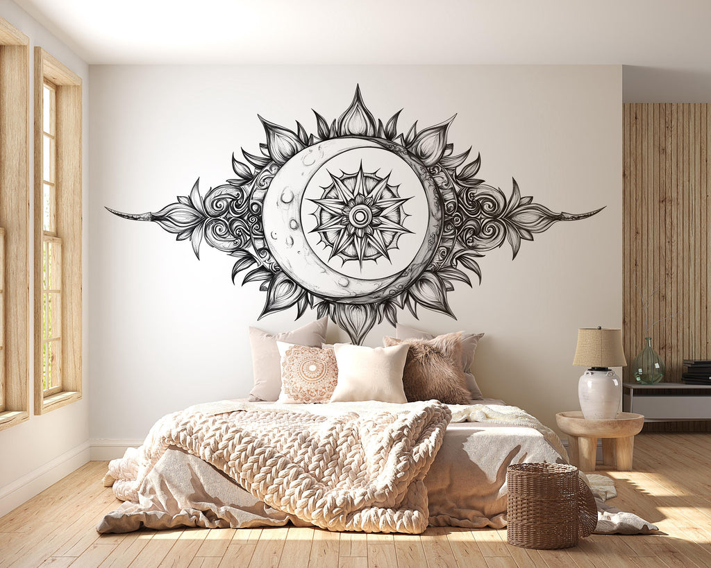 Celestial Crescent Moon Mandala Wall Decal Astrology Boho Bedroom Wall Art Peel And Stick Moon Phase Wall Sticker