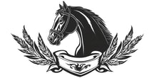 Load image into Gallery viewer, Black Horse Crest Wall Decal Sticker | Equestrian Horse Head Wall Art | Laurel Wreath Emblem | Masculine Bedroom Decor