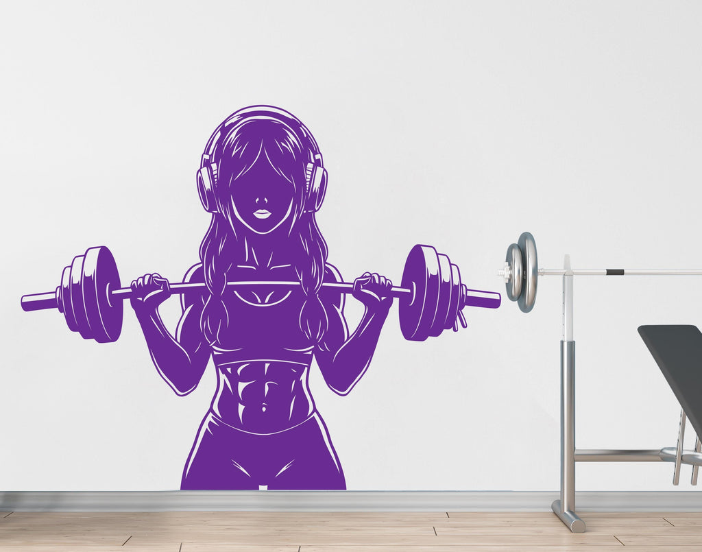 Girl with Headphone Gym Wall Decal Power fitness Women Squat Decor Workout Art Vinyl Wall Stickers Bedroom 263DE