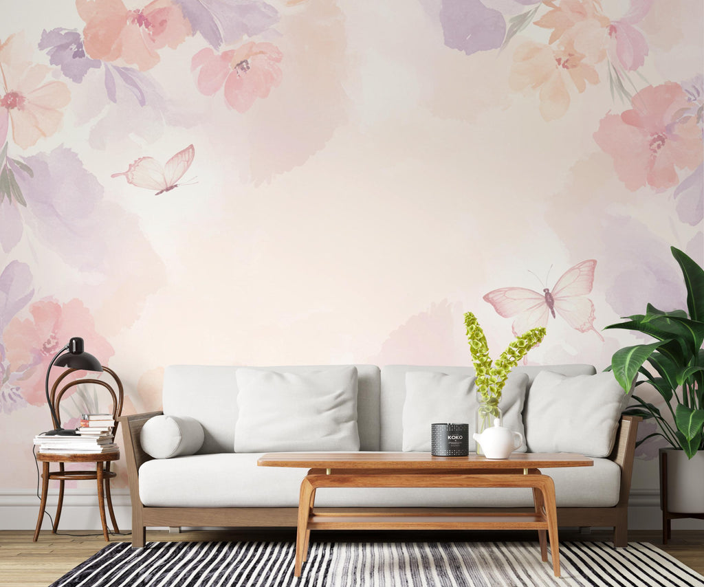 Butterfly Pastel Wallpaper, Hand Painted Butterfly Wall Mural, Neutral Kids Room Wallpaper, Soft Watercolor Baby Room Decor 267DE