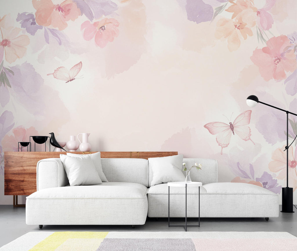 Butterfly Pastel Wallpaper, Hand Painted Butterfly Wall Mural, Neutral Kids Room Wallpaper, Soft Watercolor Baby Room Decor 267DE