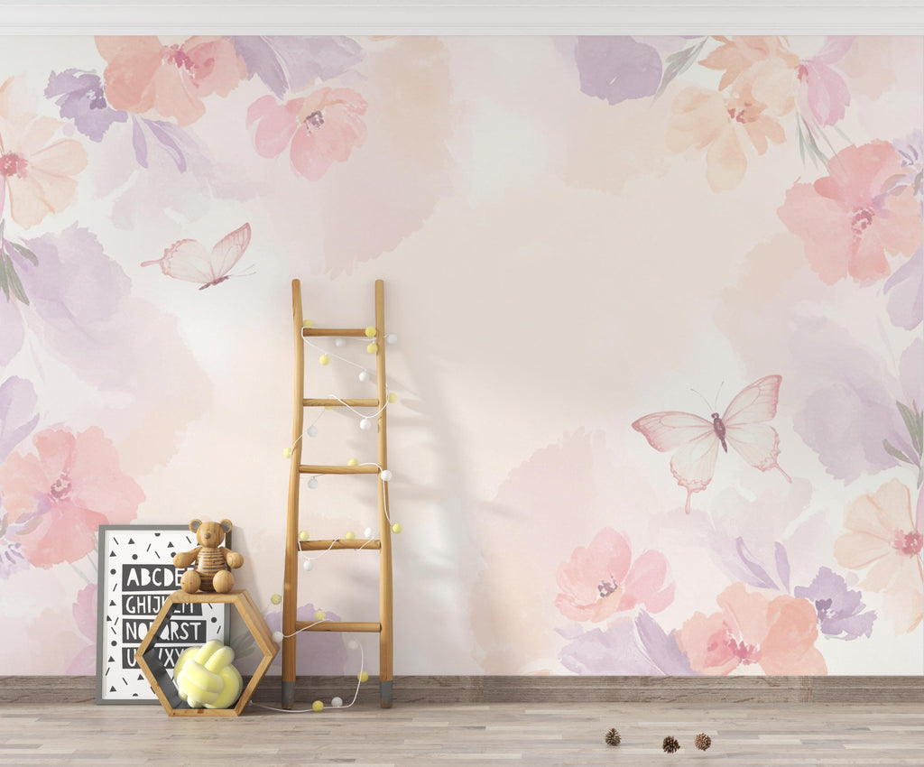Butterfly Pastel Wallpaper, Hand Painted Butterfly Wall Mural, Neutral Kids Room Wallpaper, Soft Watercolor Baby Room Decor 267DE