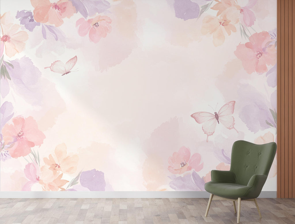 Butterfly Pastel Wallpaper, Hand Painted Butterfly Wall Mural, Neutral Kids Room Wallpaper, Soft Watercolor Baby Room Decor 267DE