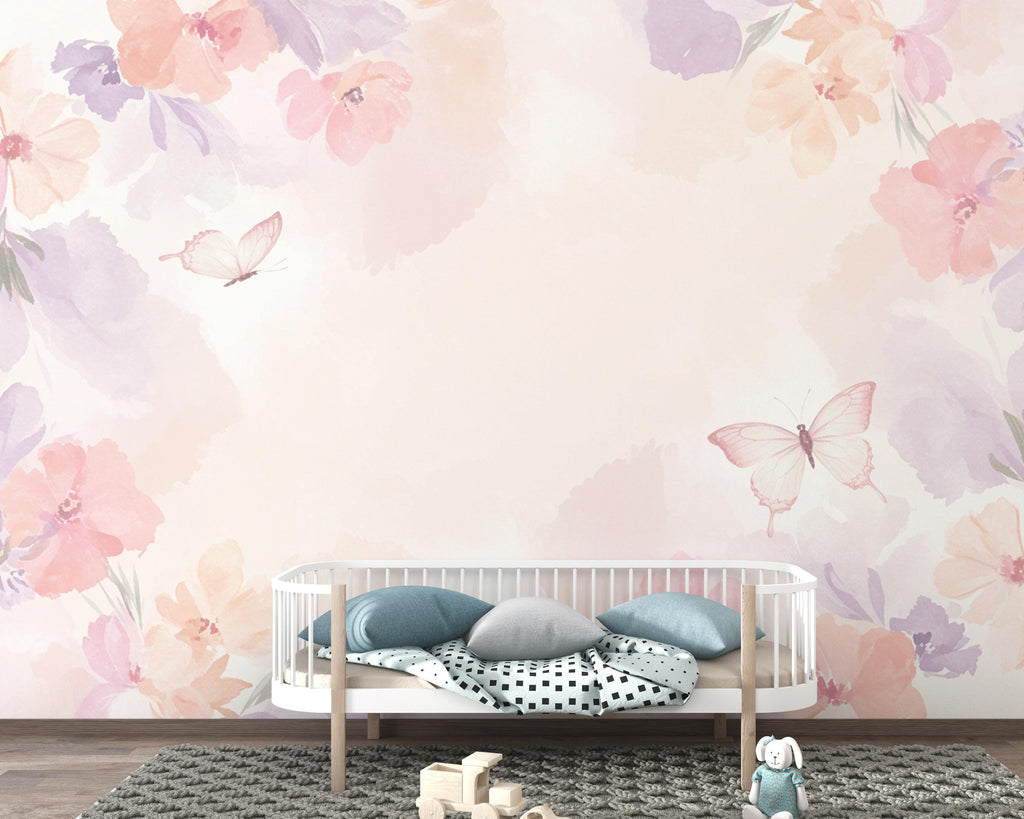Butterfly Pastel Wallpaper, Hand Painted Butterfly Wall Mural, Neutral Kids Room Wallpaper, Soft Watercolor Baby Room Decor 267DE