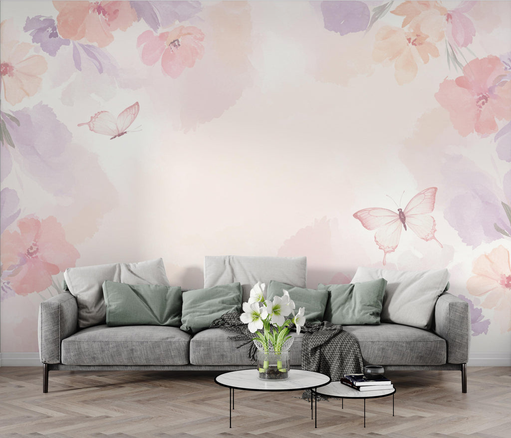 Butterfly Pastel Wallpaper, Hand Painted Butterfly Wall Mural, Neutral Kids Room Wallpaper, Soft Watercolor Baby Room Decor 267DE