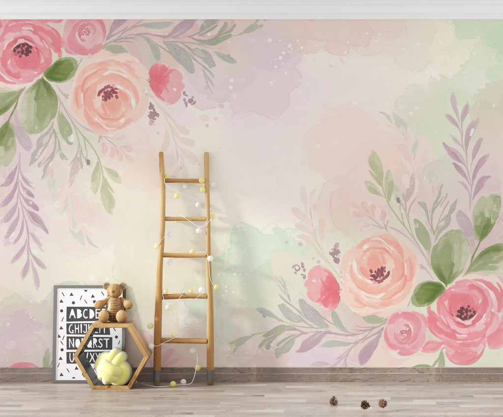 Magical Garden Watercolor Wallpaper – Pastel Floral Fairy-Tale Seamless Pattern, Soft Botanical Wall Art 268DE