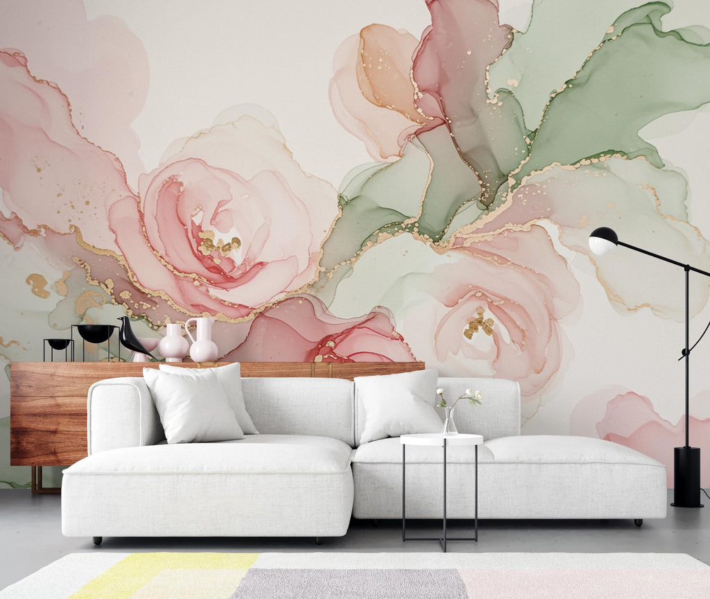 Silk-Inspired Floral Marble Watercolor Wallpaper – Ultra-Premium Couture Garden Panoramic Design in Soft Pink & Champagne 272DE