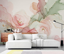 Load image into Gallery viewer, Silk-Inspired Floral Marble Watercolor Wallpaper – Ultra-Premium Couture Garden Panoramic Design in Soft Pink &amp; Champagne 272DE