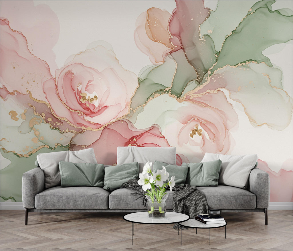 Silk-Inspired Floral Marble Watercolor Wallpaper – Ultra-Premium Couture Garden Panoramic Design in Soft Pink & Champagne 272DE