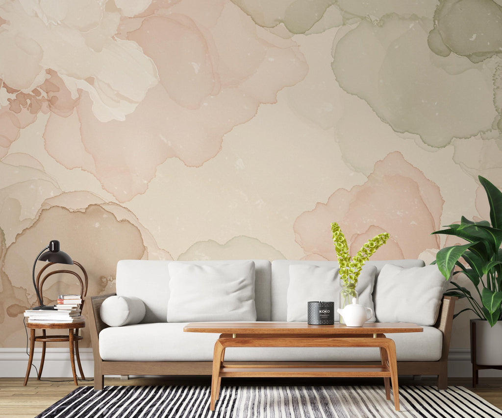 Museum Fresco Floral marble Watercolor Wallpaper – Ultra-Luxury Heirloom Botanical Panoramic Mural in Blush, Sage & Ivory 273DE