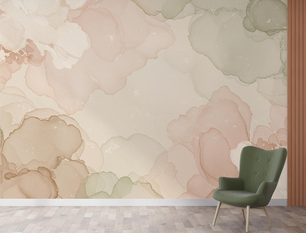 Museum Fresco Floral marble Watercolor Wallpaper – Ultra-Luxury Heirloom Botanical Panoramic Mural in Blush, Sage & Ivory 273DE