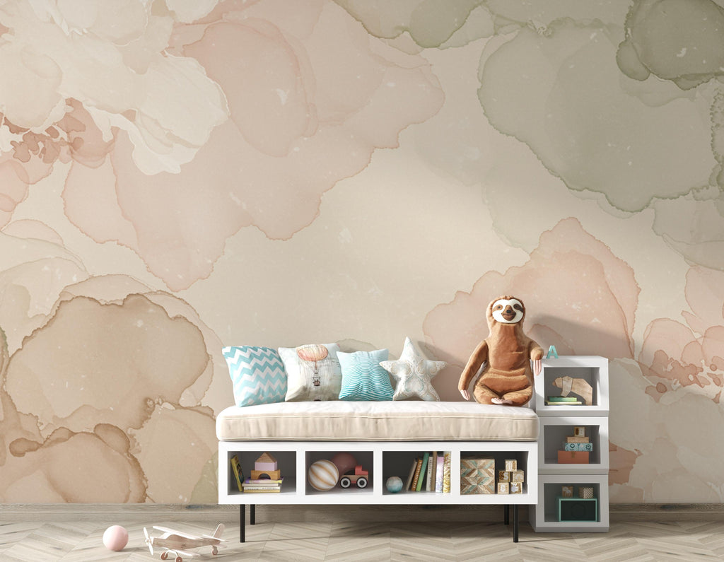 Museum Fresco Floral marble Watercolor Wallpaper – Ultra-Luxury Heirloom Botanical Panoramic Mural in Blush, Sage & Ivory 273DE