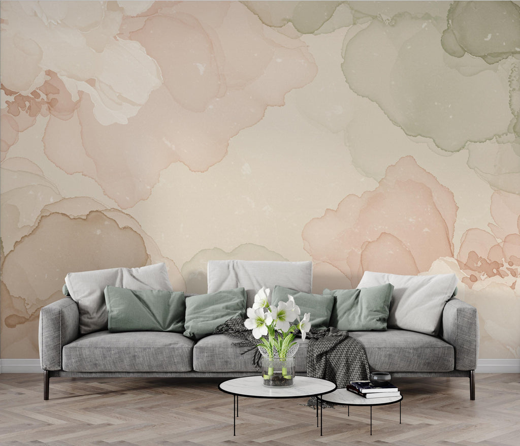 Museum Fresco Floral marble Watercolor Wallpaper – Ultra-Luxury Heirloom Botanical Panoramic Mural in Blush, Sage & Ivory 273DE
