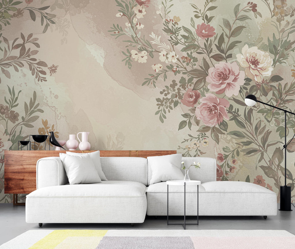 Parisian Garden Watercolor Wallpaper – Luxury European Floral Seamless Design in Dusty Rose, Sage & Cream 274DE