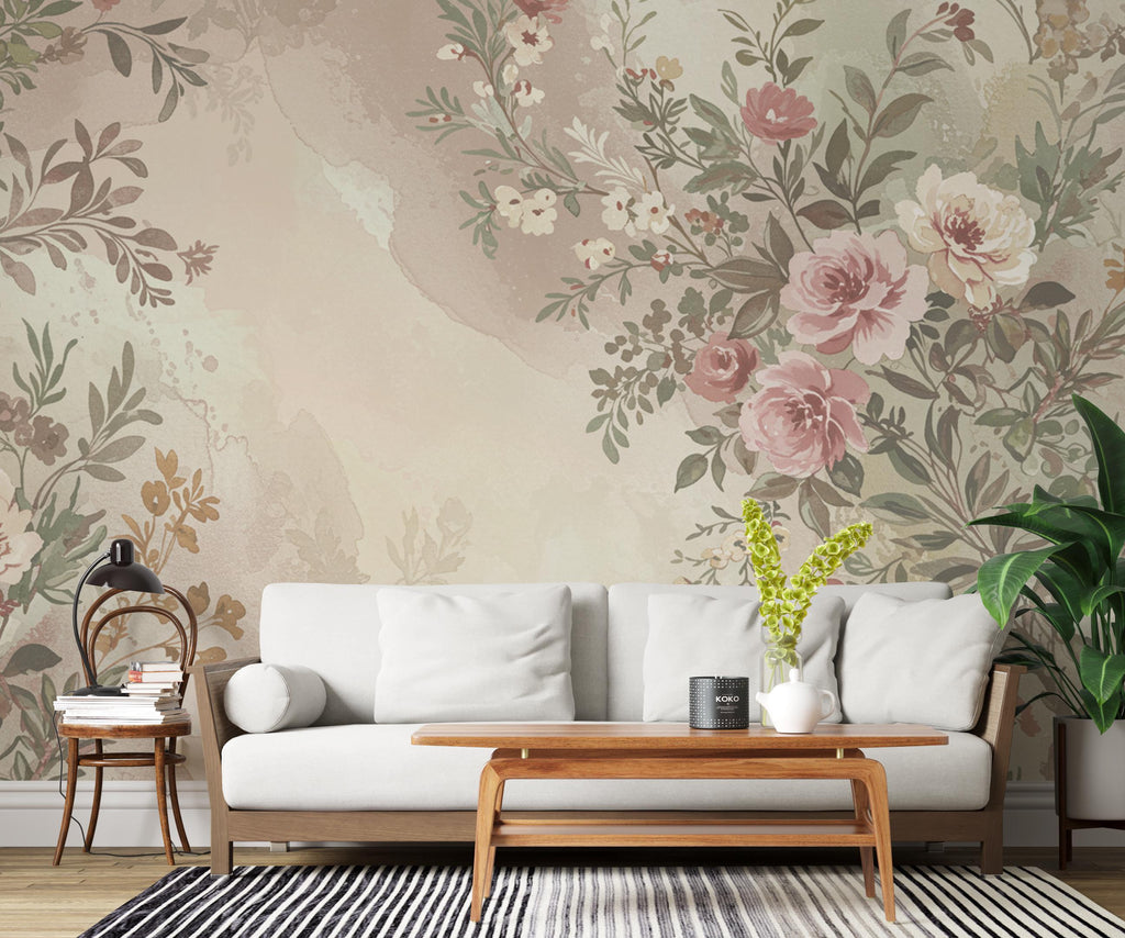 Parisian Garden Watercolor Wallpaper – Luxury European Floral Seamless Design in Dusty Rose, Sage & Cream 274DE