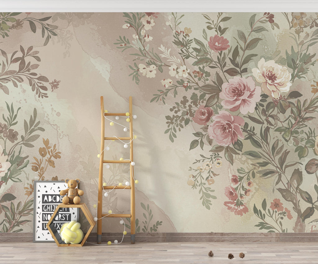 Parisian Garden Watercolor Wallpaper – Luxury European Floral Seamless Design in Dusty Rose, Sage & Cream 274DE