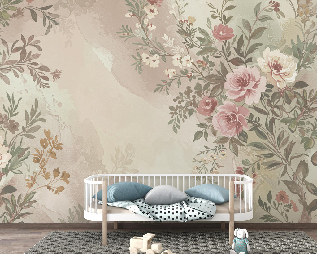 Parisian Garden Watercolor Wallpaper – Luxury European Floral Seamless Design in Dusty Rose, Sage & Cream 274DE