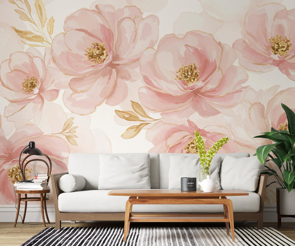 Couture Floral Watercolor Wallpaper – Ultra-Luxury Panoramic Botanical Design in Blush, Champagne & Gold 275DE