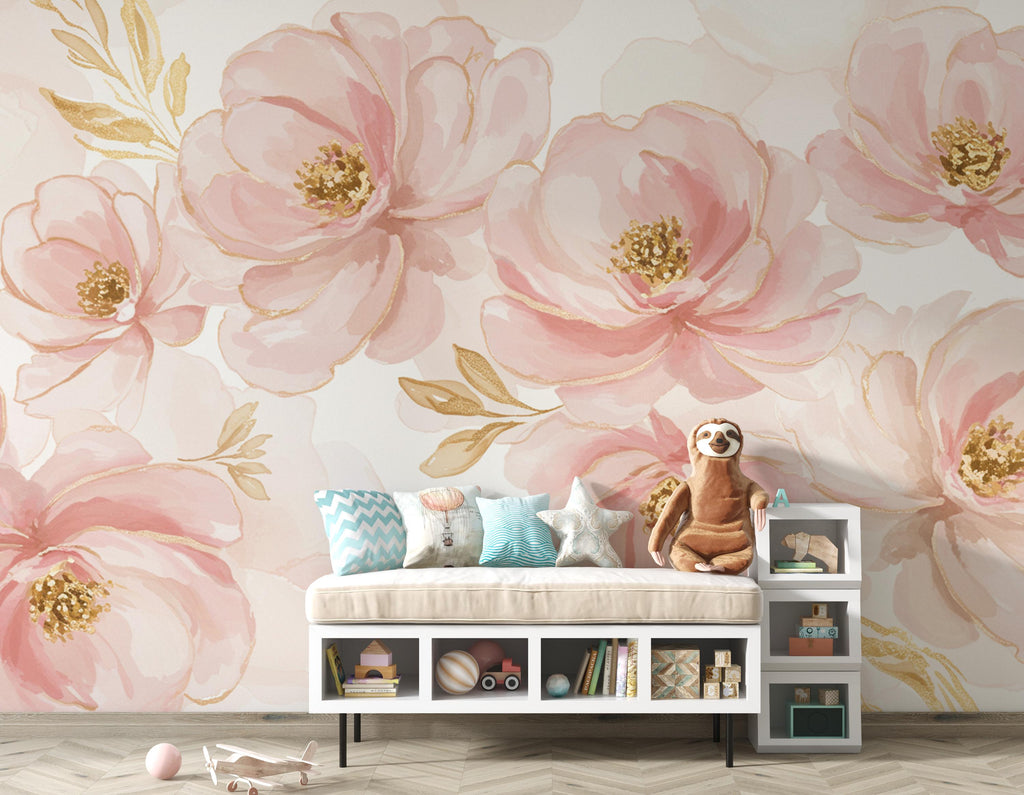 Couture Floral Watercolor Wallpaper – Ultra-Luxury Panoramic Botanical Design in Blush, Champagne & Gold 275DE