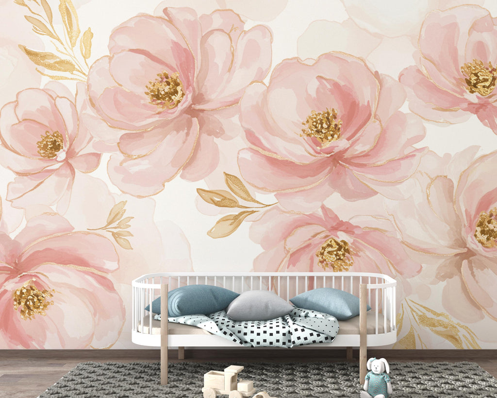 Couture Floral Watercolor Wallpaper – Ultra-Luxury Panoramic Botanical Design in Blush, Champagne & Gold 275DE