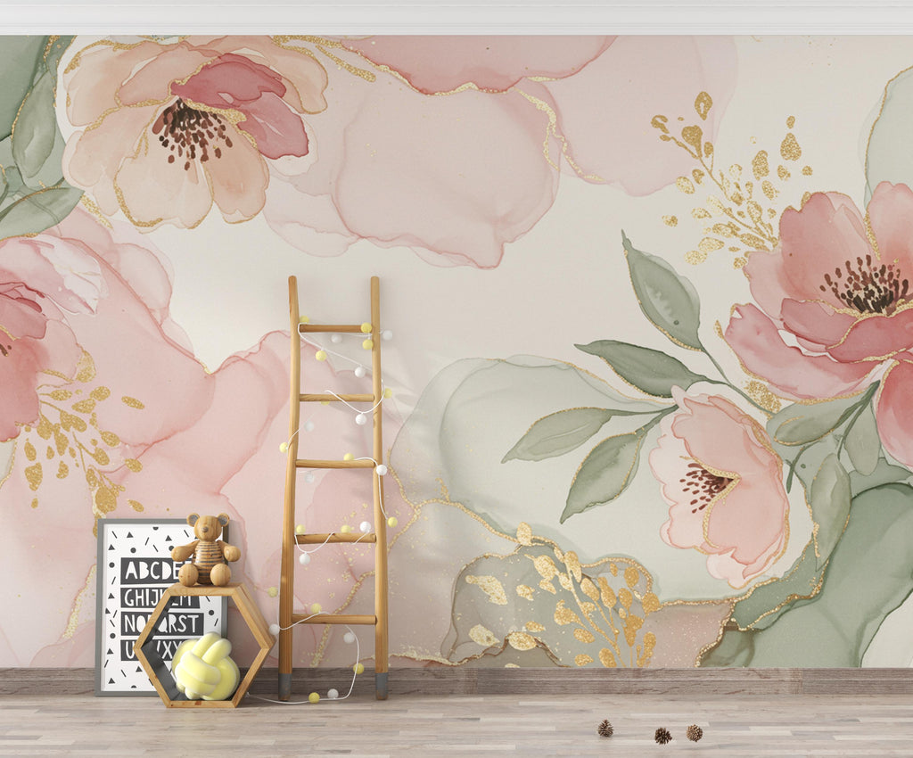 Silk-Inspired Floral Watercolor Wallpaper – Ultra-Premium Panoramic Garden Design in Soft Pink, Sage & Champagne 276DE