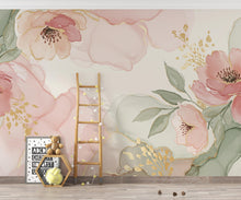 Load image into Gallery viewer, Silk-Inspired Floral Watercolor Wallpaper – Ultra-Premium Panoramic Garden Design in Soft Pink, Sage &amp; Champagne 276DE
