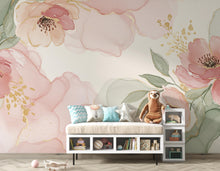 Load image into Gallery viewer, Silk-Inspired Floral Watercolor Wallpaper – Ultra-Premium Panoramic Garden Design in Soft Pink, Sage &amp; Champagne 276DE