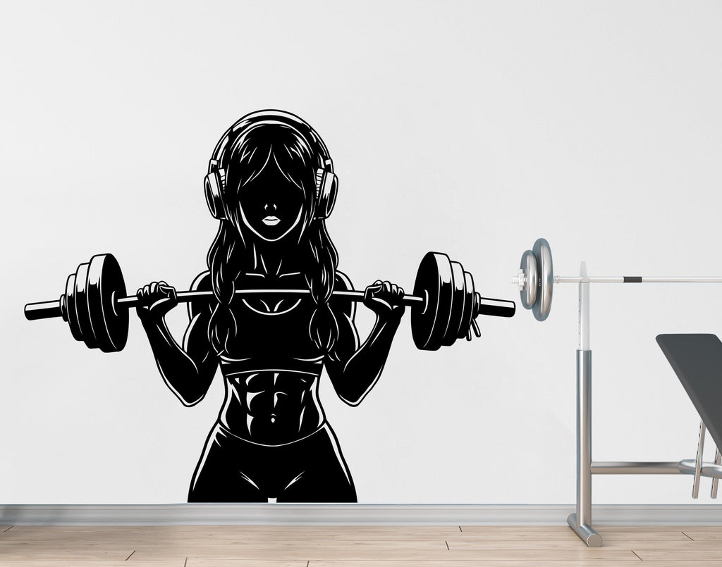 Girl with Headphone Gym Wall Decal Power fitness Women Squat Decor Workout Art Vinyl Wall Stickers Bedroom 263DE