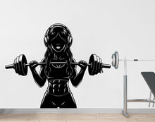 Load image into Gallery viewer, Girl with Headphone Gym Wall Decal Power fitness Women Squat Decor Workout Art Vinyl Wall Stickers Bedroom 263DE