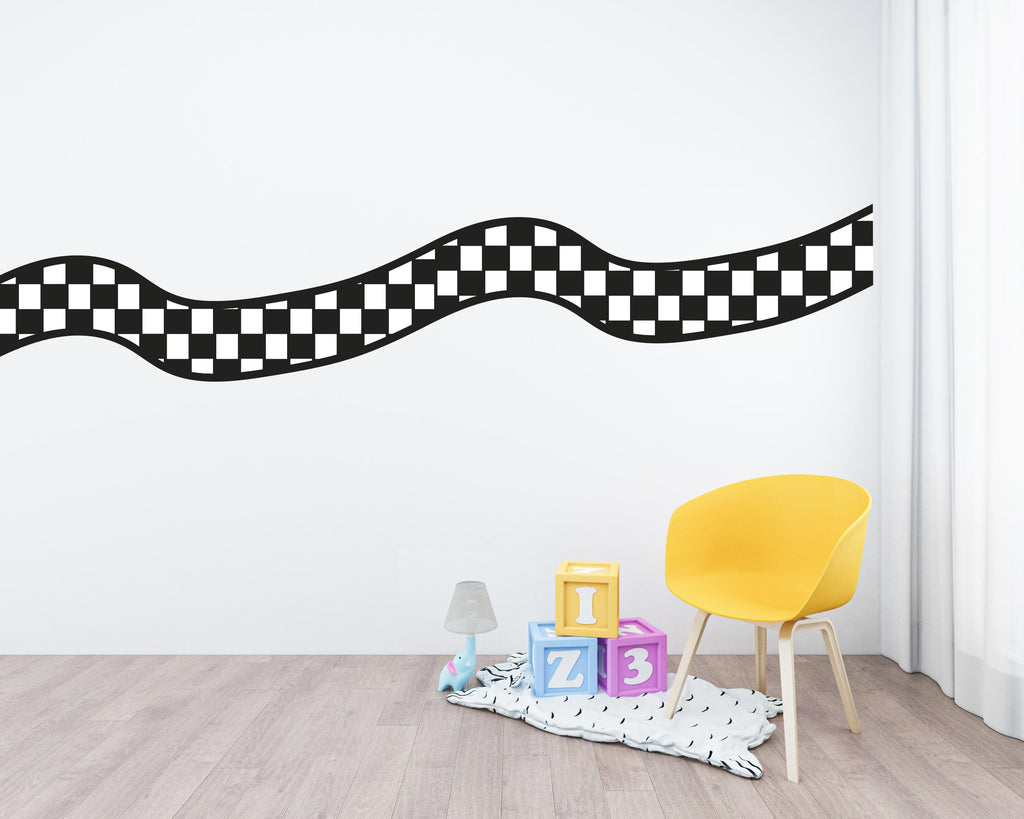 Road wind Wall Decal Checkerboard Highway Vinyl Sticker Track Route Wall Decor Kids Playroom Boys Room Wall Art Checkered Flag Mural 721LU