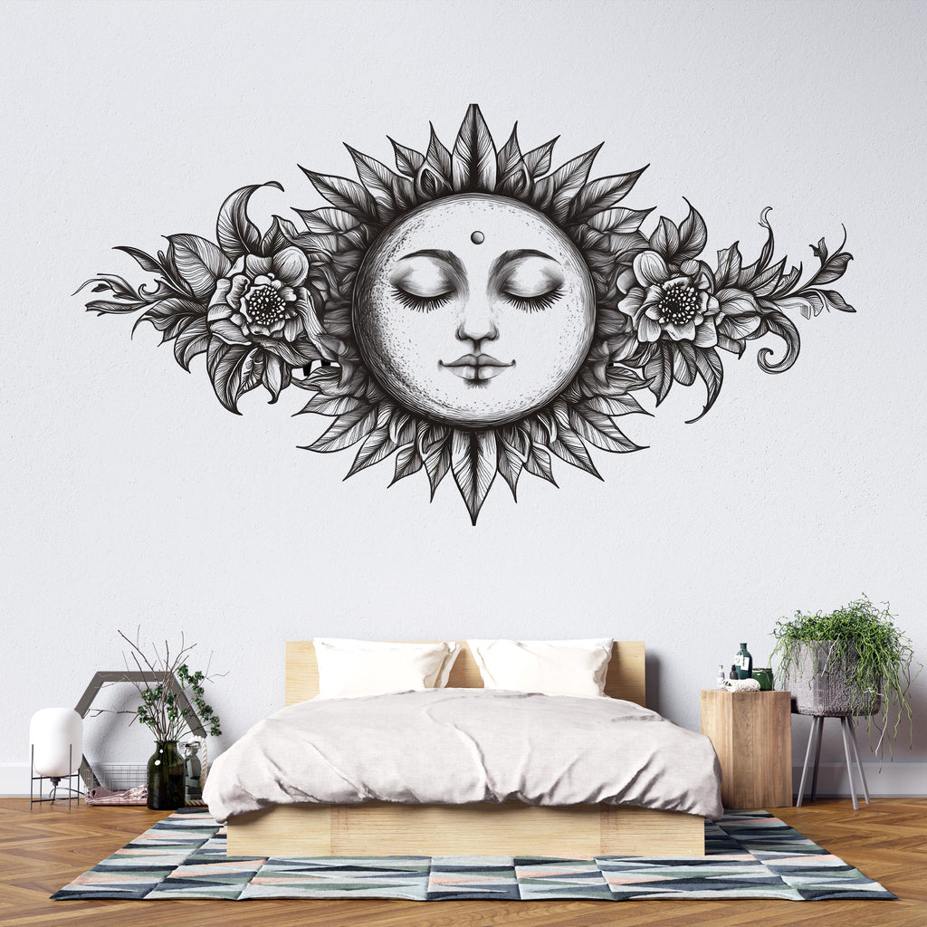 Celestial Moon Floral Mandala Wall Decal Boho Bedroom Wall Art Astrology Moon Face Peel And Stick Wall Sticker