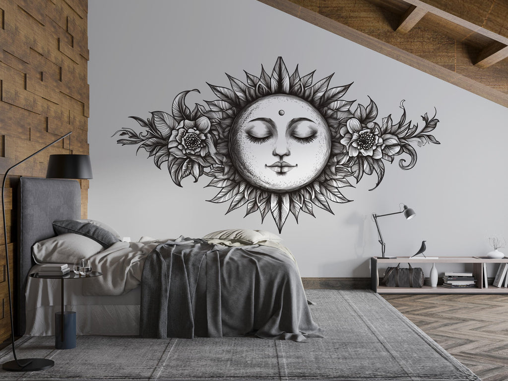 Celestial Moon Floral Mandala Wall Decal Boho Bedroom Wall Art Astrology Moon Face Peel And Stick Wall Sticker