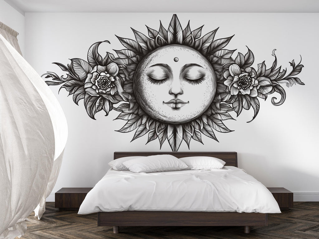 Celestial Moon Floral Mandala Wall Decal Boho Bedroom Wall Art Astrology Moon Face Peel And Stick Wall Sticker