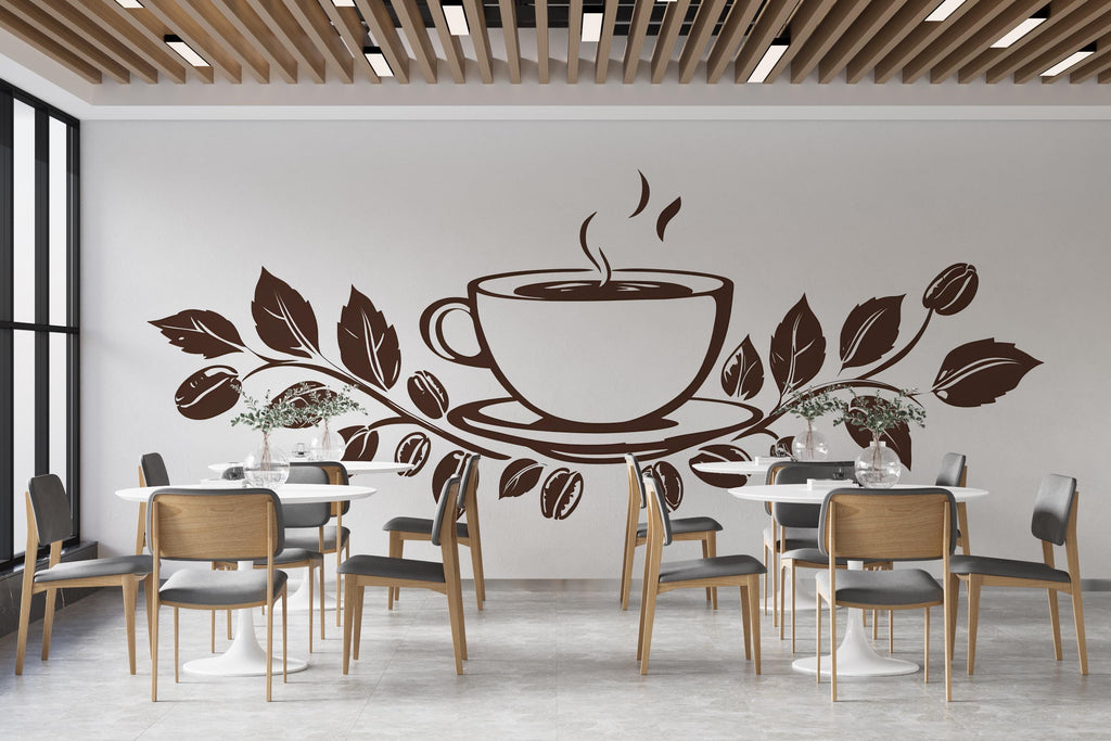 Coffee Cup Wall Mural, Cafe Wall Art, Coffee Shop Interior Decor, Coffee Leaf Wall Design 410mv